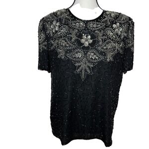 Vintage Silk Beaded Top Sequin Floral Evening Blouse M Gatsby Art Deco Glam Mob‎